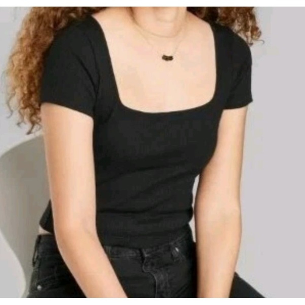 Women's Short Sleeve Rib Fitted Square Baby T-Shirt - Wild Fable, Black, M